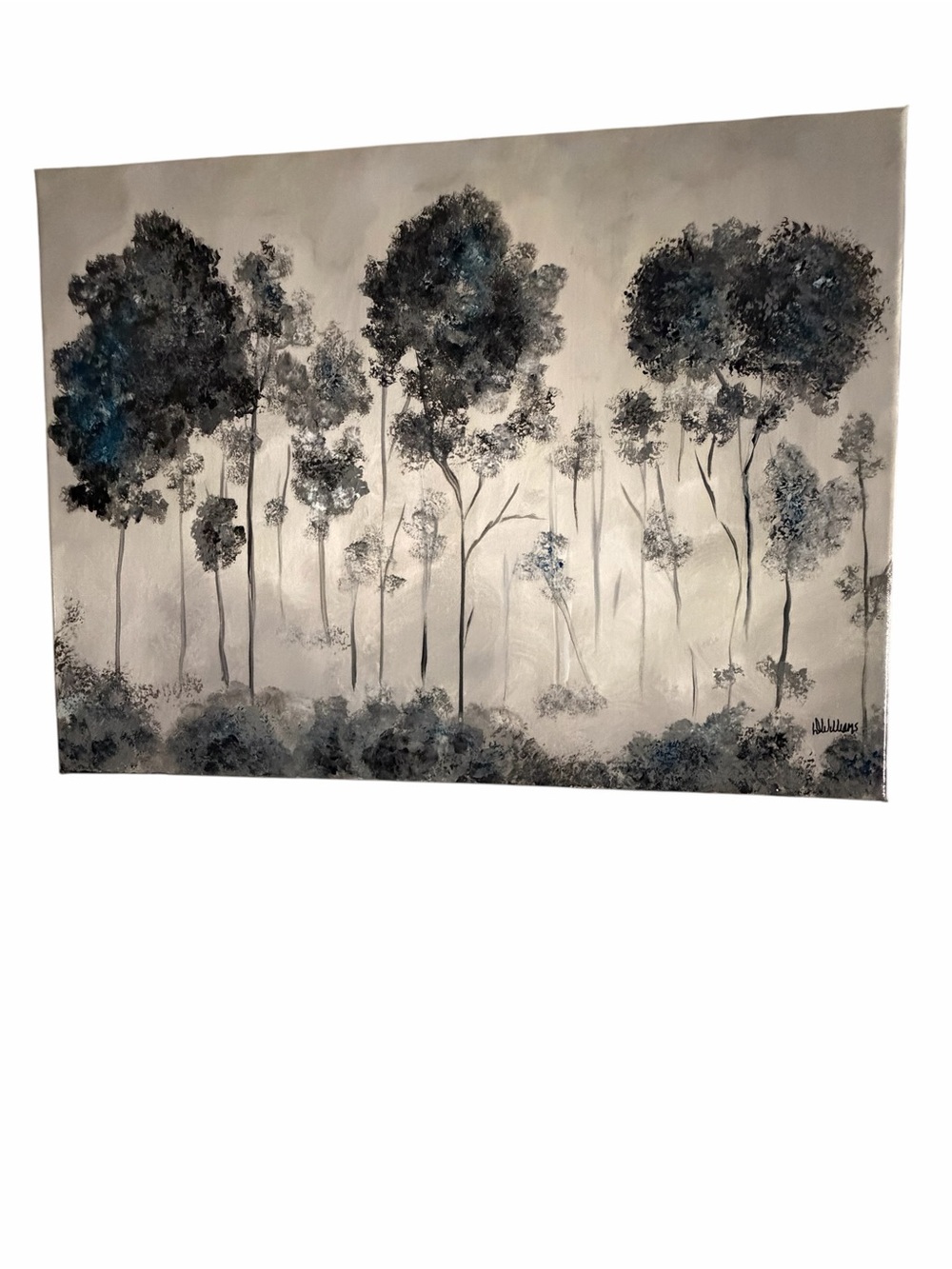 Original Artwork Acrylics on Canvas Forest Painting Gray, Black and Blue 18x24"